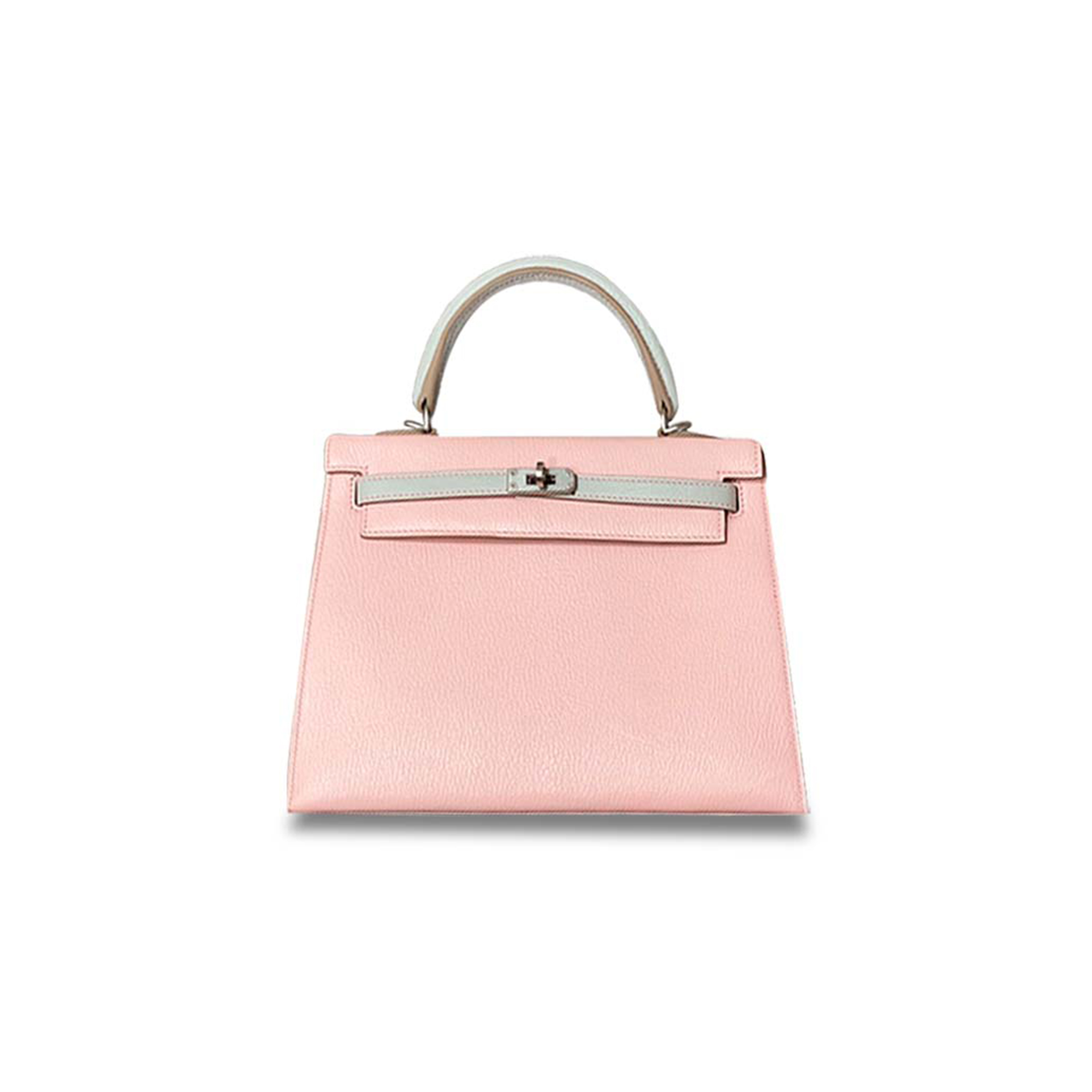 HERMÈS KELLY 25 CHEVRE 3Q PINK WITH PEARL GRAY SILVER BUCKLE (25*17*7cm)